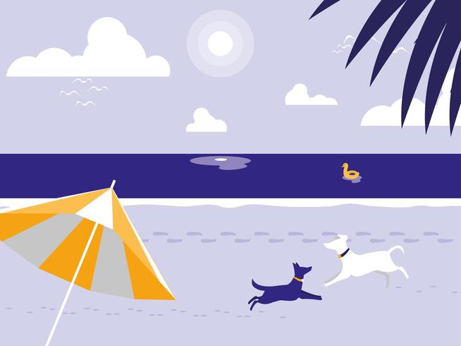 Playa tropical con perros mascota y sombrilla vector