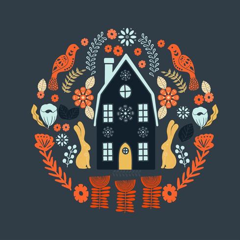 Scandinavian folk art pattern with house and flowers  vector