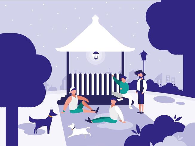 men in park with kiosk isolated icon vector