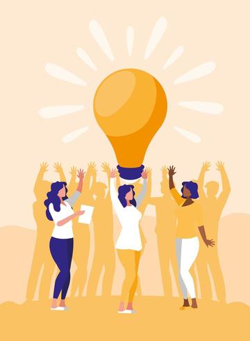 business women celebrating with light bulb vector