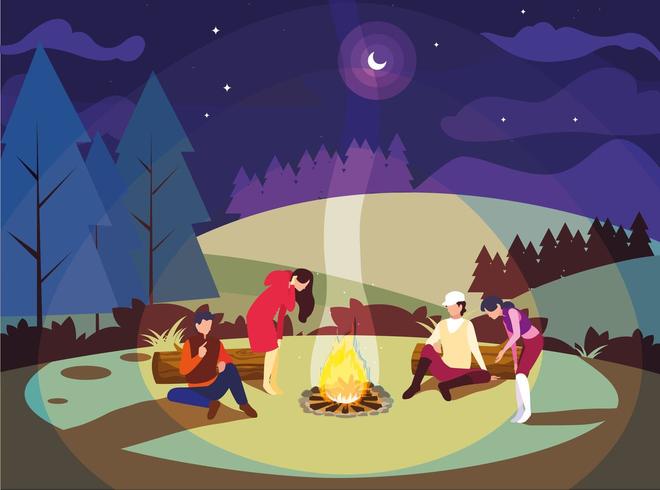 people in camping zone with campfire on night vector