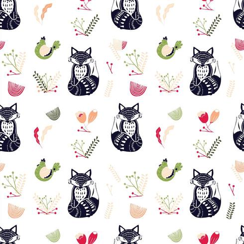 Scandinavian folk art pattern with chickens and foxes vector