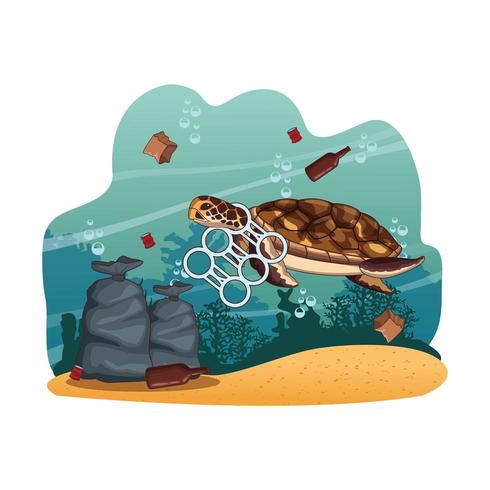 Sea turtle swimming with plastic around neck  vector