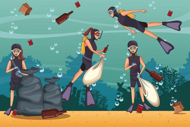 Volunteers cleaning up ocean underwater 679678 Vector Art at Vecteezy