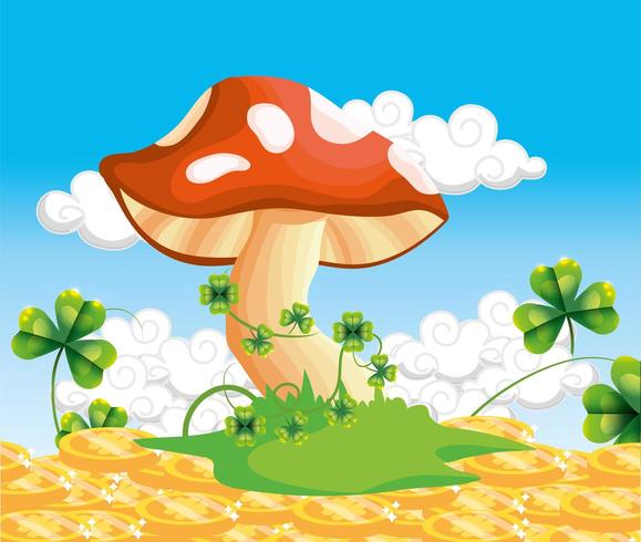 fungus with clovers plants and gold coins vector