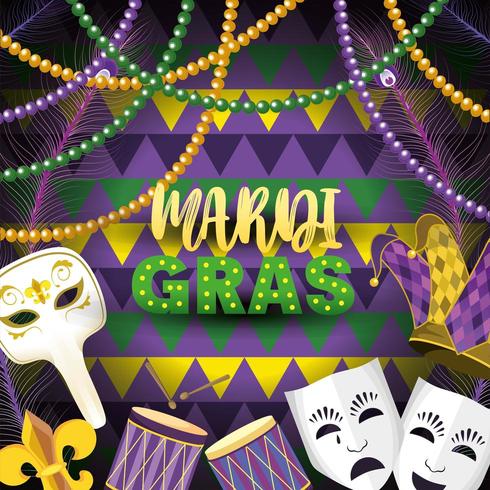 masks with mardi grass emblem and drum to event vector