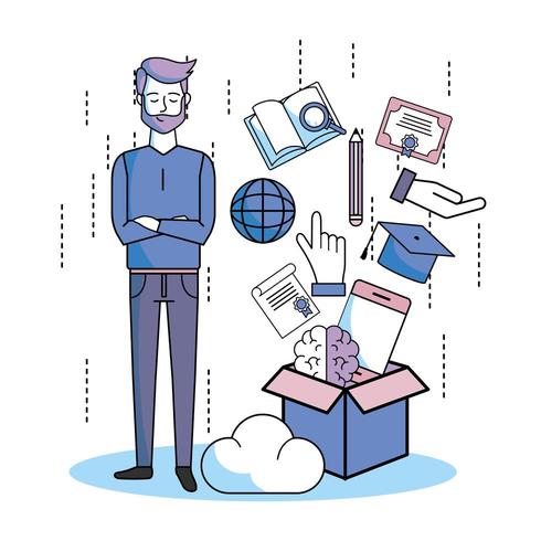 man with book, graduation cap and other education items coming out of a box vector