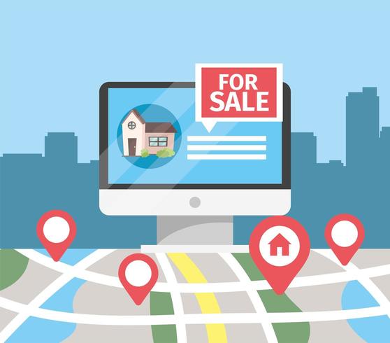 computer with house sale and map location vector