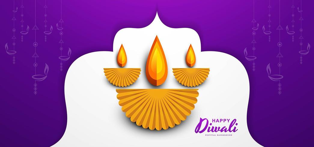 Feliz diwali desea diseño de tarjeta de felicitación con papel cortado diya fondo vector