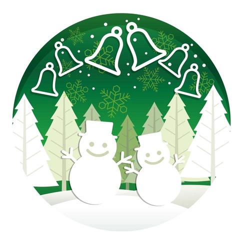 Ilustración redonda de Navidad con bosque y muñecos de nieve vector