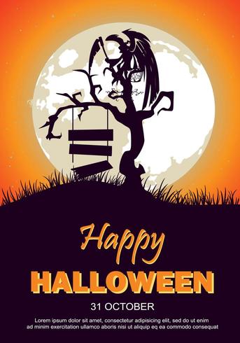 Cartel de fiesta de Halloween con luna, árbol y signos rotos vector
