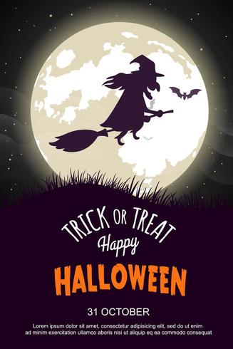 Halloween Party Poster with Witch Riding on Broom vector