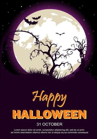 Halloween Party Poster with Moon, Trees and Bats vector