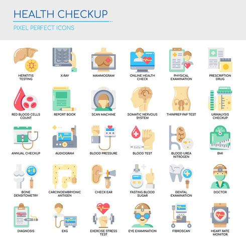 Conjunto de iconos perfectos de píxeles y líneas finas de Health Checkup para cualquier proyecto web y de aplicación. vector