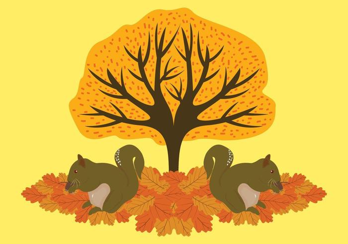 Squirrels eating under an autumn tree vector