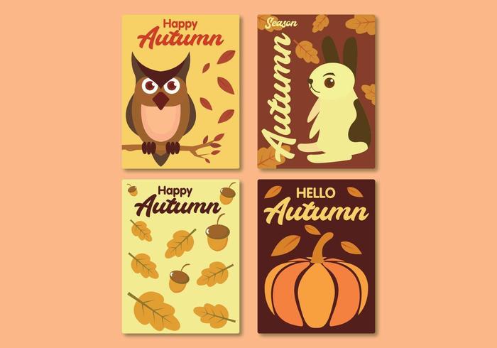 Colección de tarjetas de otoño con animales, nueces y hojas viejas vector