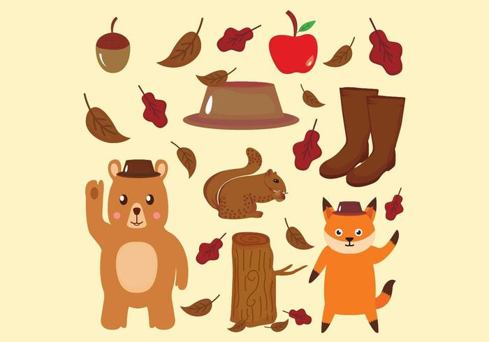 Colección de animales e íconos en otoño vector