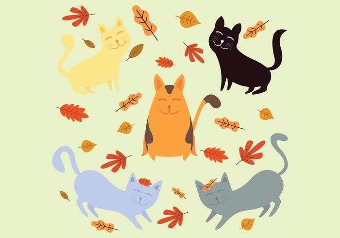 Colección de gatos jugando con hojas en otoño vector