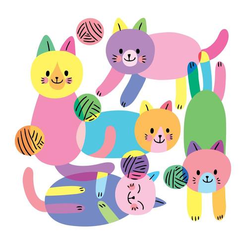 Cartoon cute flat colorful cats and yarns vector