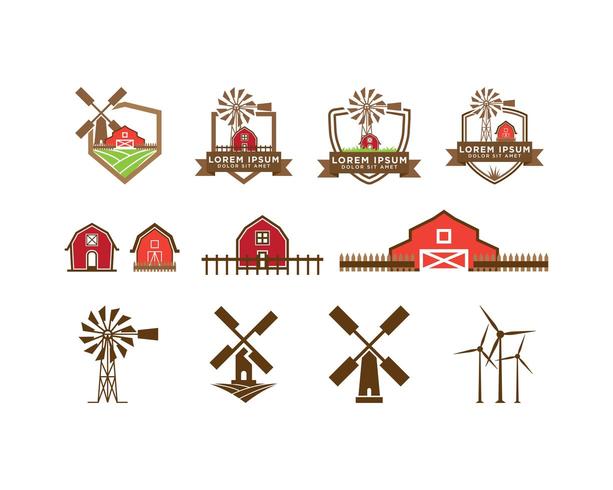 Red barn and windmill logo set vector