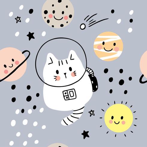 Dibujos animados lindo gato en galaxia y planetas de patrones sin fisuras vector