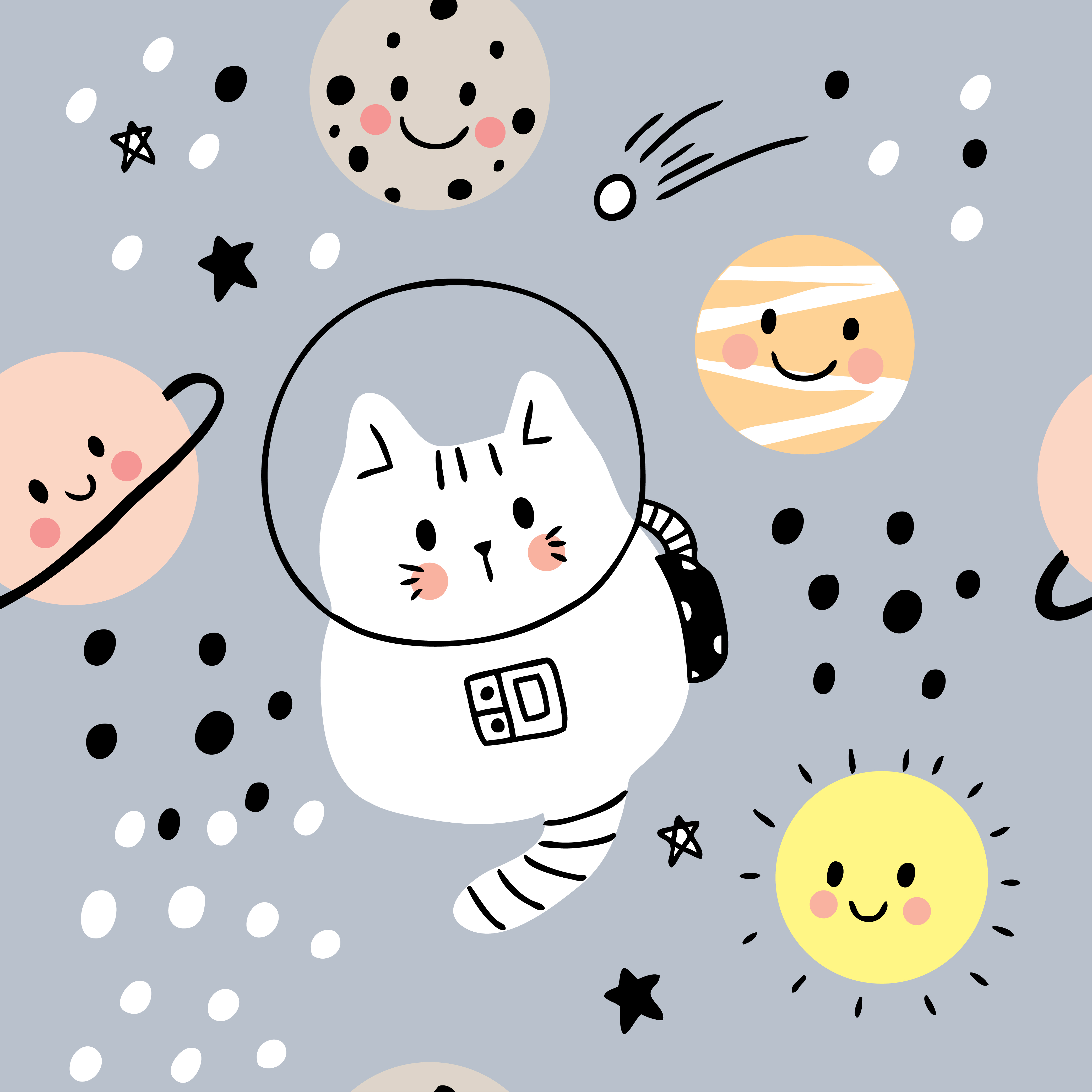 Cartoon cute cat in galaxy and planets seamless pattern 680471 Vector