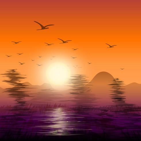 Abstract twilight of nature with flock of birds flying back nest. vector