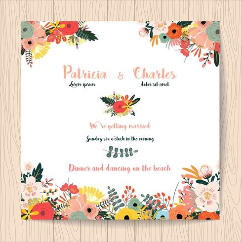 Tarjeta de invitación de boda con flores sobre fondo blanco. vector