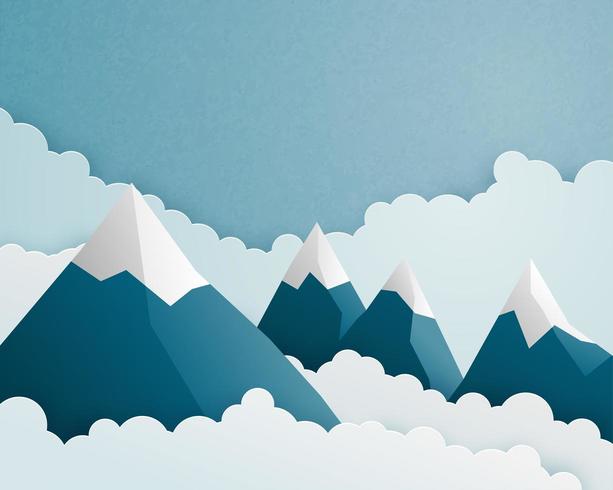 Escena de montaña y nube en estilo de corte de papel vector