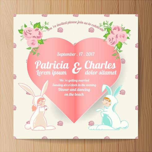 Wedding invitation with Cartoon rabbit bride and groom and paper heart vector