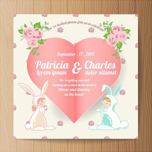 Invitación de boda con dibujos animados conejo novia y novio y corazón de papel vector