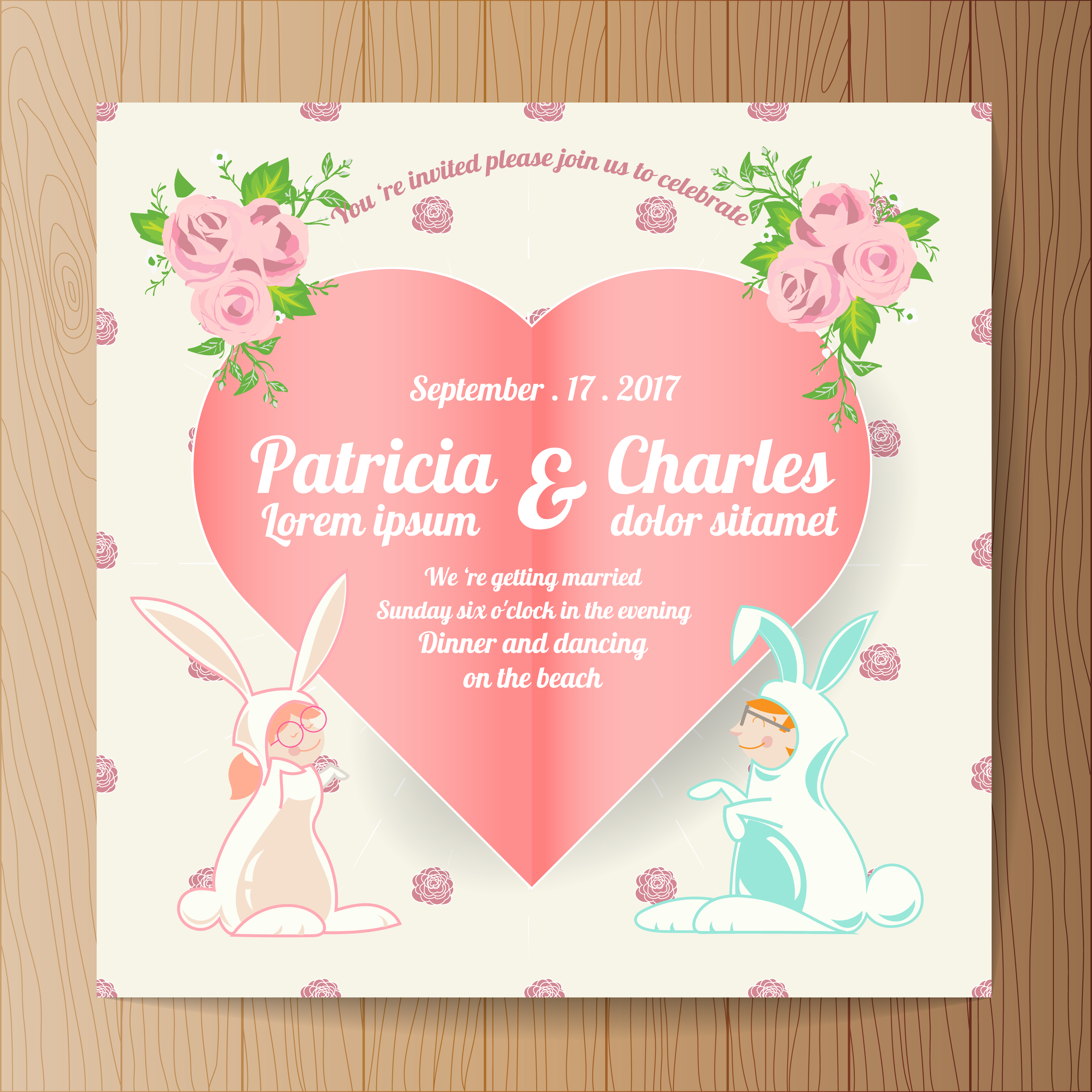 Wedding Invitation With Cartoon Rabbit Bride And Groom And Paper Heart