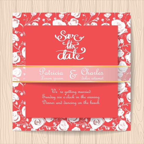 Invitación de boda tarjeta roja con rosas blancas vector