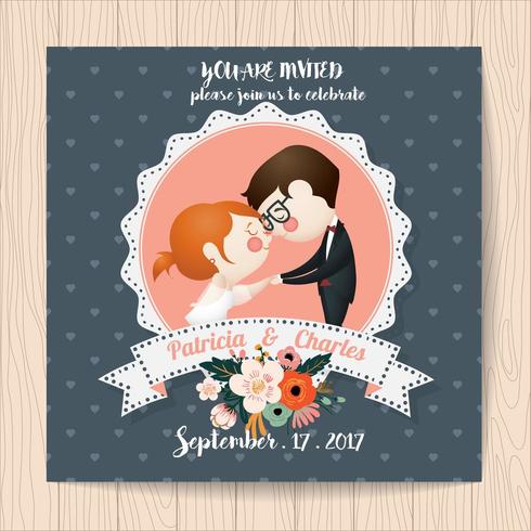 Invitación de boda con flores y novios de dibujos animados vector