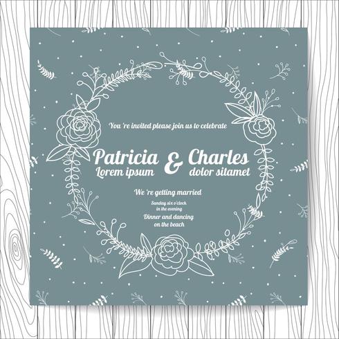 Wedding invitation card doodle style with flower wreath vector