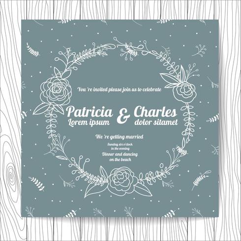 Wedding invitation card doodle style with flower wreath vector