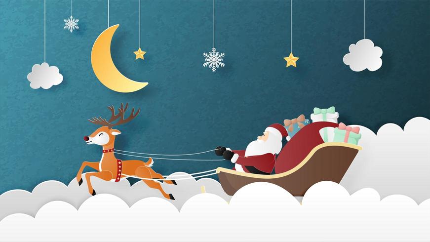 Santa Claus and reindeer greeting card in paper cut style vector