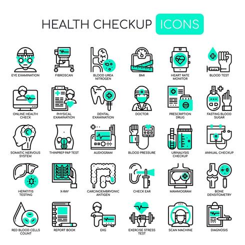 Conjunto de iconos perfectos de píxeles y líneas finas de Health Checkup para cualquier proyecto web y de aplicación. vector