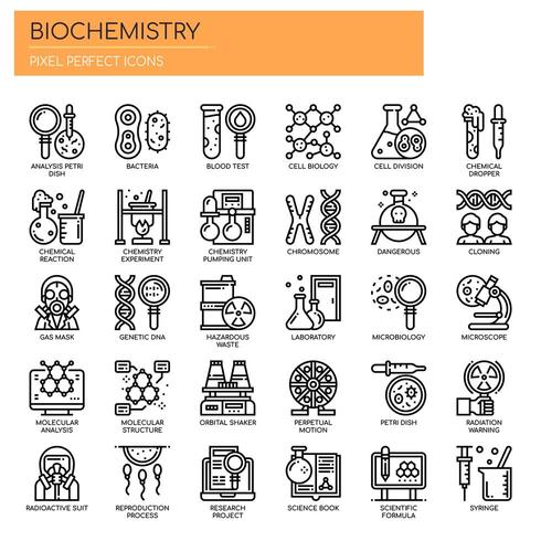 Elementos de bioquímica, línea fina e iconos perfectos de píxeles vector