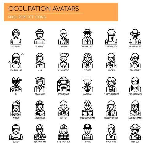 Ocupación Avatares, iconos de líneas finas y píxeles perfectos vector