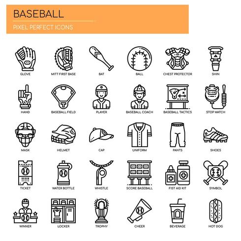 Elementos de béisbol, iconos de líneas finas y píxeles perfectos vector