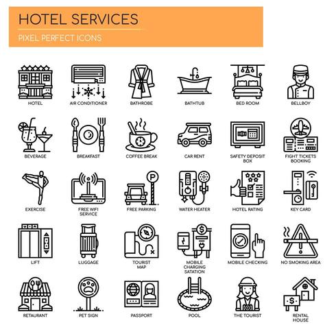 Servicios del hotel Thin Line y Pixel Perfect Icons vector