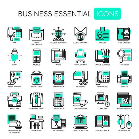 Conjunto de iconos perfectos de línea delgada y píxeles de Business Essential para cualquier proyecto web y de aplicación. vector