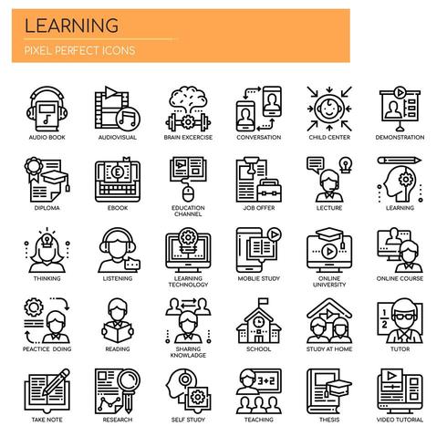 Elementos de aprendizaje, iconos de líneas finas y píxeles perfectos vector