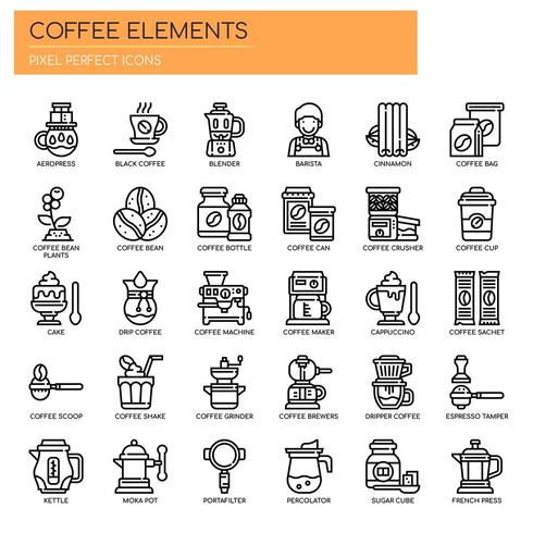 Elementos de café, línea fina e iconos perfectos de píxeles vector