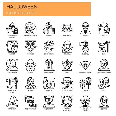 Elementos de Halloween, línea delgada y Pixel Perfect Icons vector