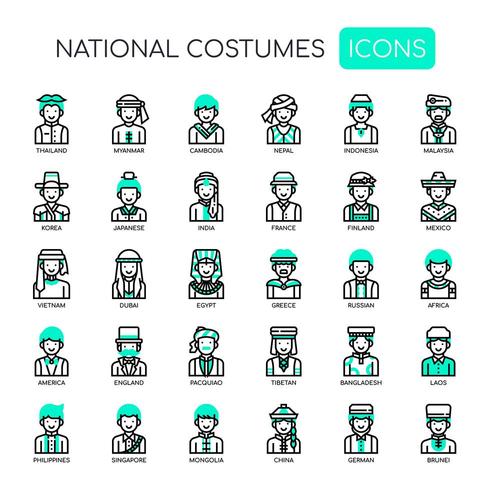 Trajes nacionales, línea delgada y Pixel Perfect Icons vector