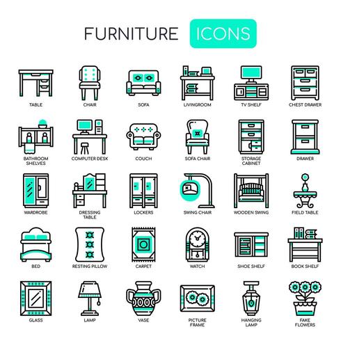 Elementos de muebles, línea delgada y Pixel Perfect Icons vector