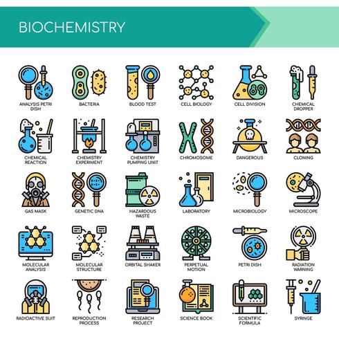 Elementos de bioquímica, línea fina e iconos perfectos de píxeles vector