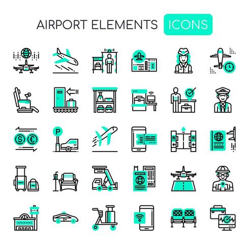 Iconos de aeropuerto, línea fina y Pixel Perfect Icons vector